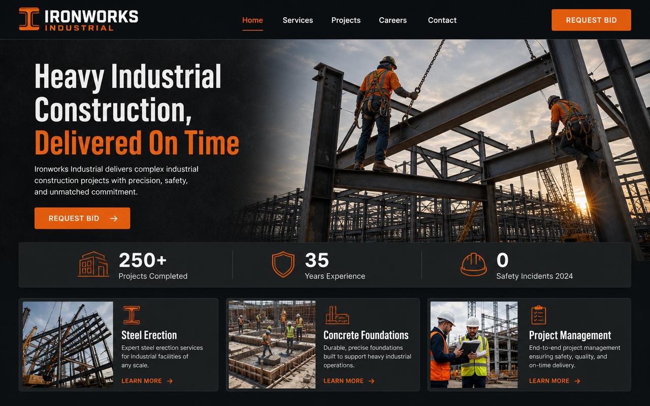 Industrial construction website with statistics