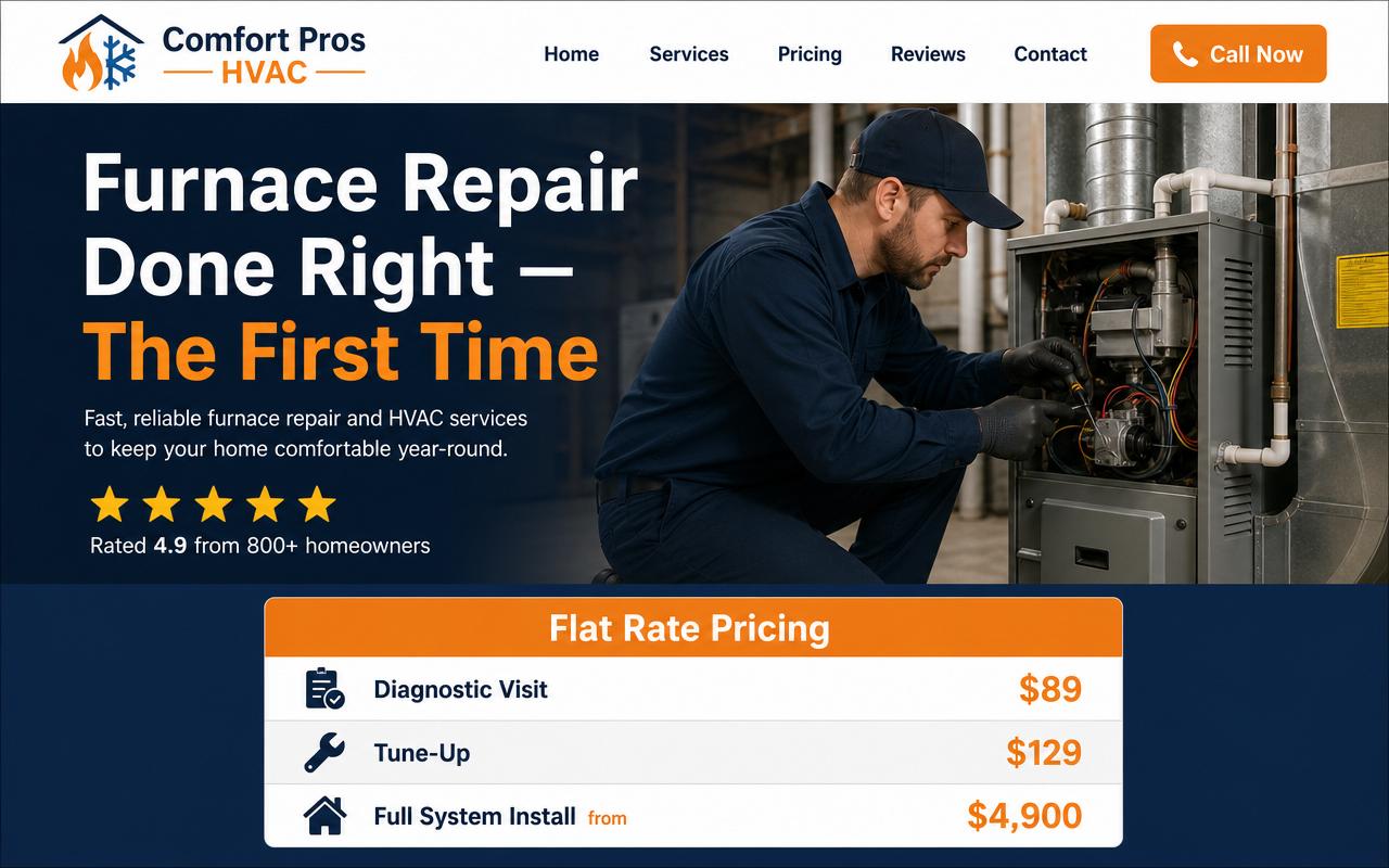 HVAC website with pricing table and reviews