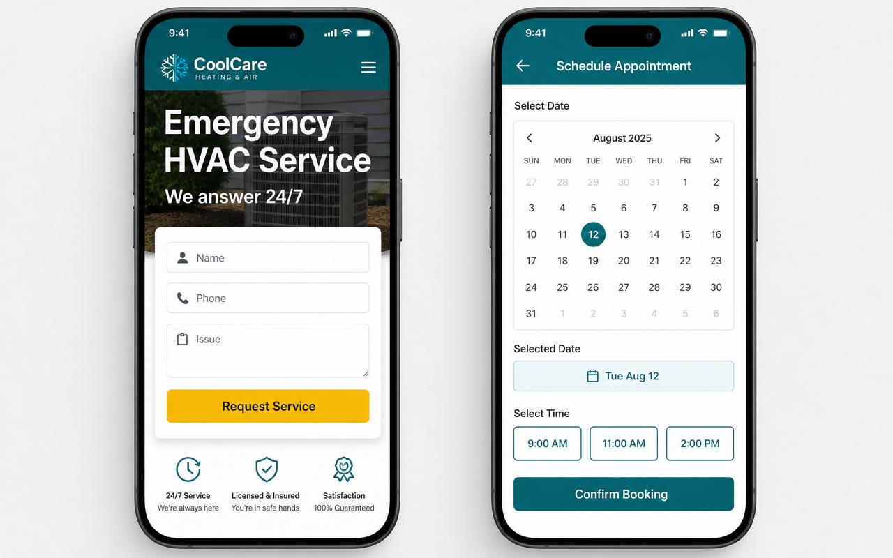 HVAC website mobile view with emergency form