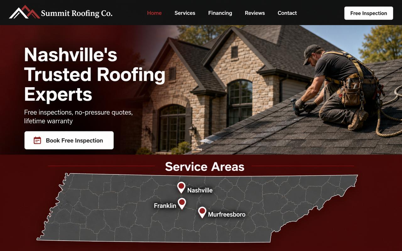 Roofing company website with service area map