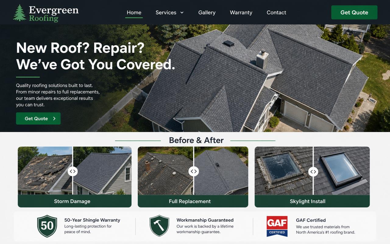 Roofing website with before and after gallery