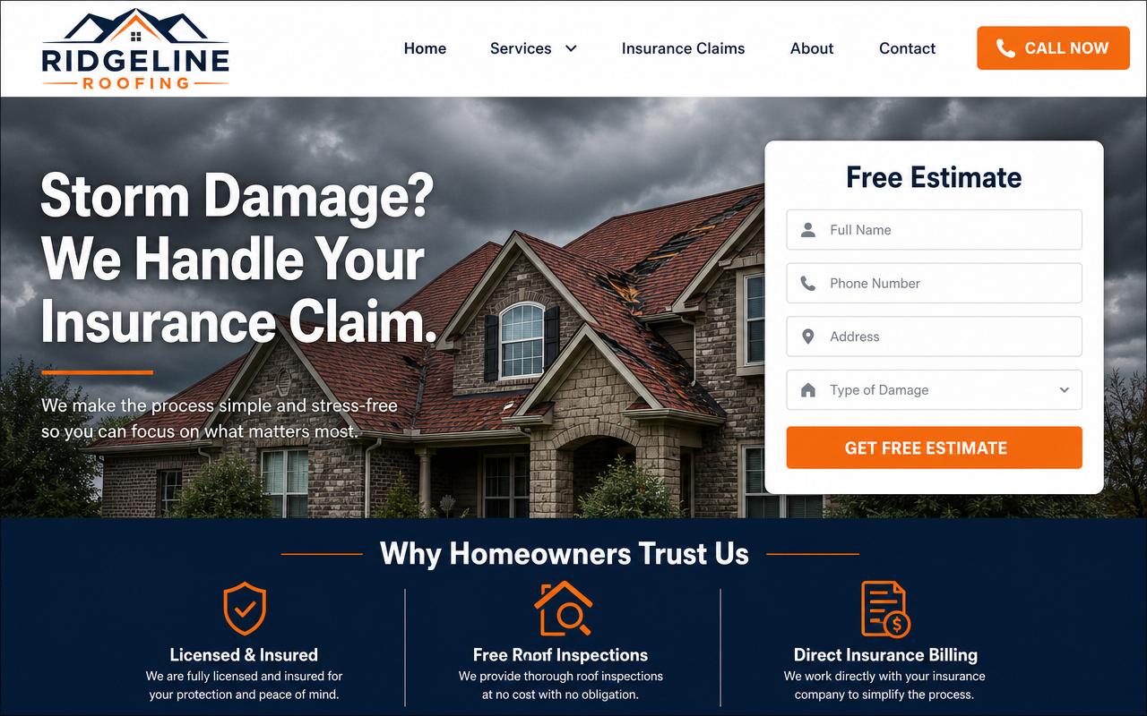 Roofing website with storm damage repair form